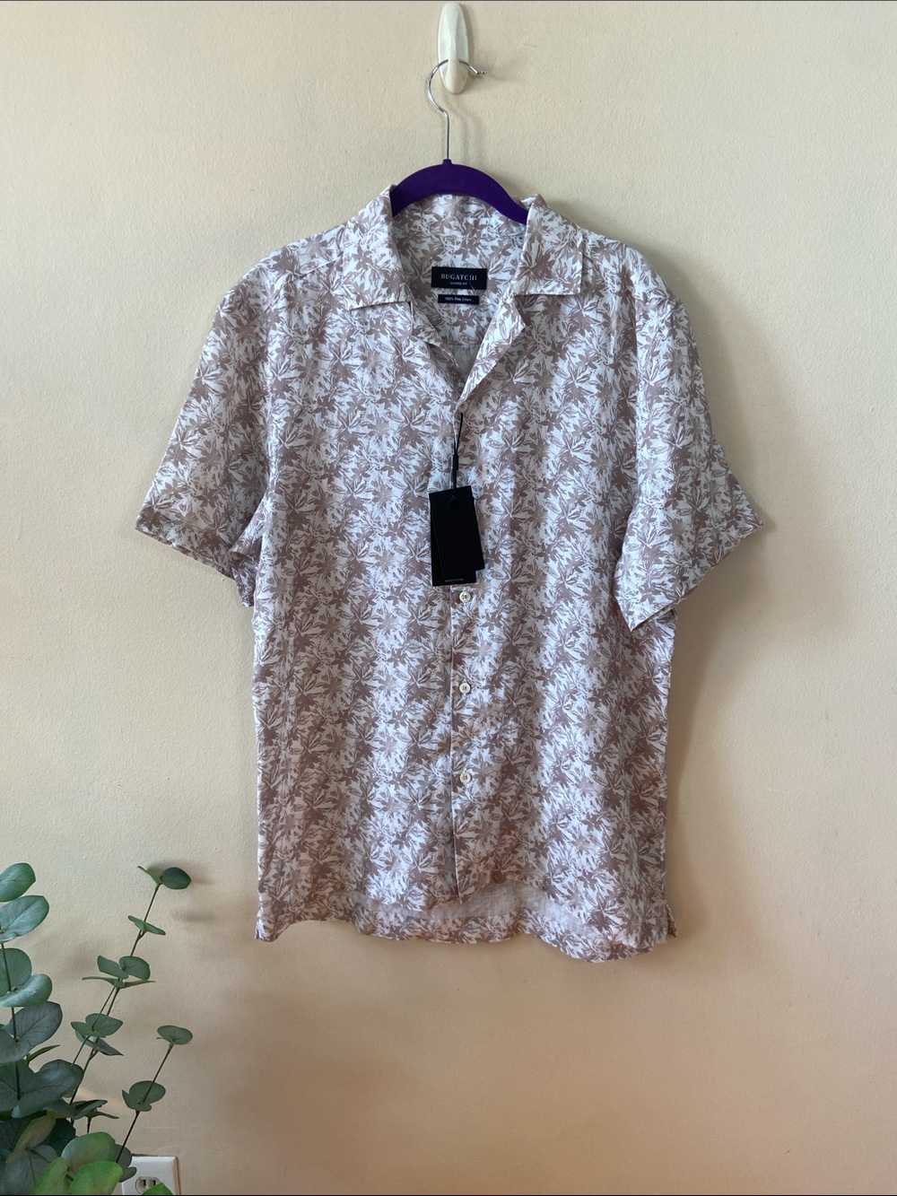 Bugatchi 100% Fine Linen Camp Collar Button Up Shirt NWT Beige Floral Men's M